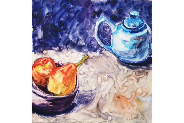 Blue Teapot, gouache on Yupo, 11x11 in.